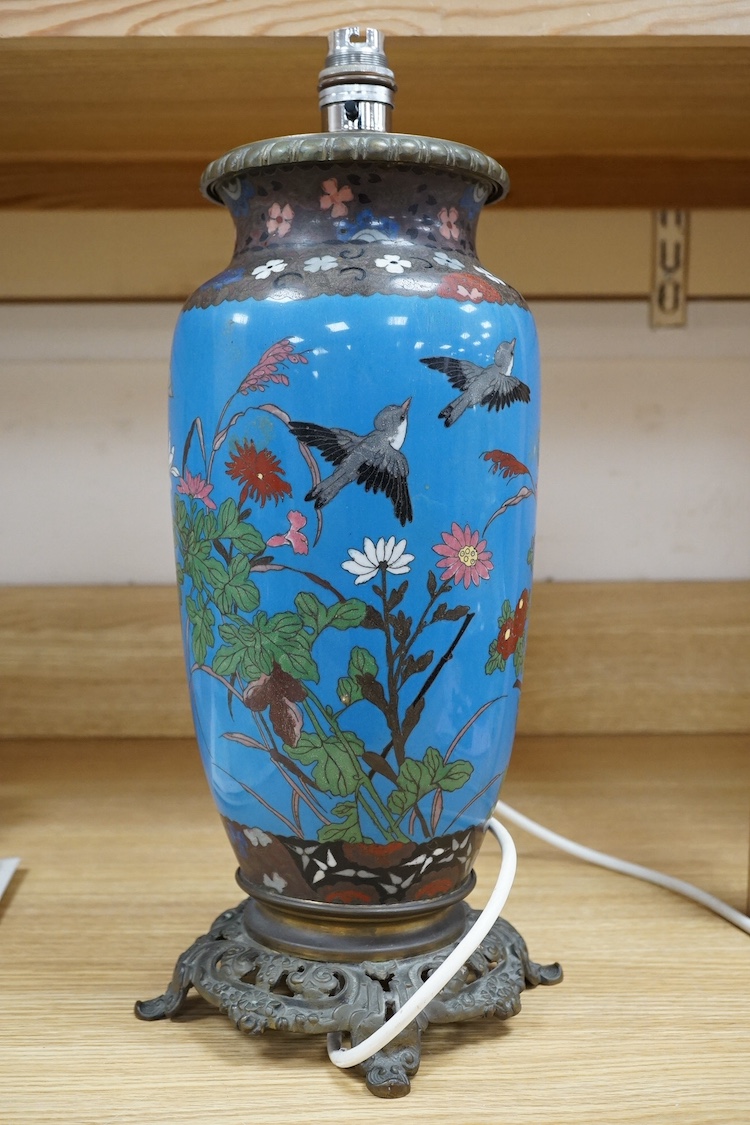 A Japanese brass-mounted cloisonné lamp base, 41cm total. Condition - fair to good, not tested